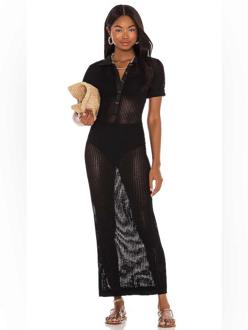 SOLID & STRIPED Leigh Black Short-Sleeve Knit
Polo Maxi Dress